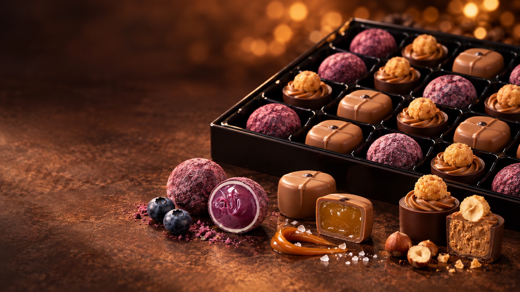KI-generiertes Bild: Individuelle Coppeneur Pralinenbox mit Blaubeere, Buttercaramel und veganer Haselnuss